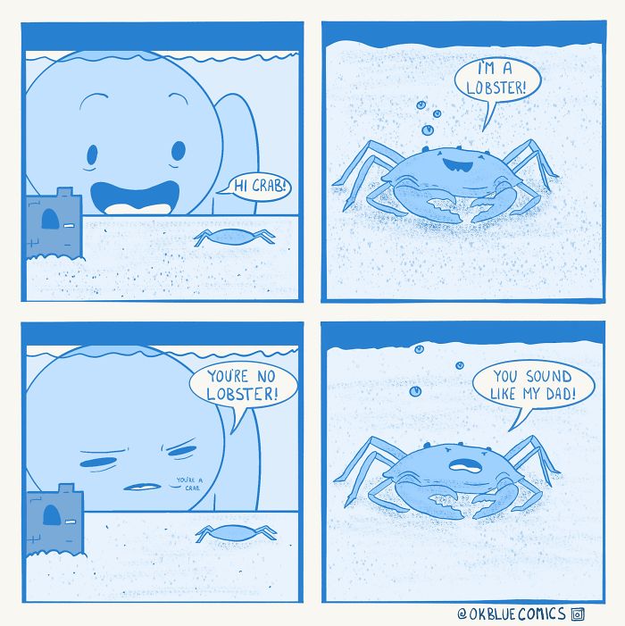 Comic strip from OkBlue Comics featuring a crab and a character, illustrating humor born from insomnia and boredom.