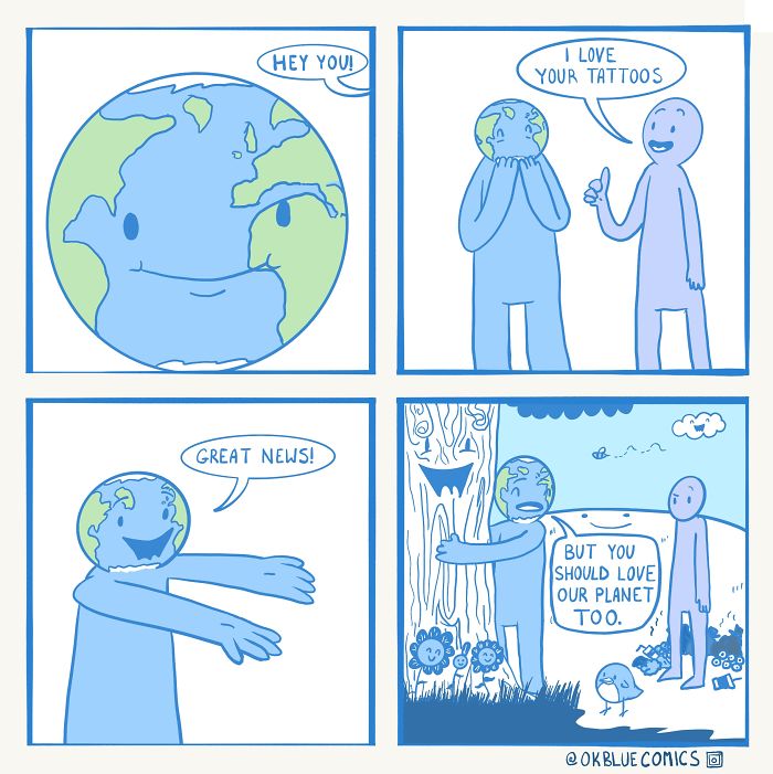 Comic strip from OkBlue showing a personified Earth discussing tattoos and environmental love with another figure.