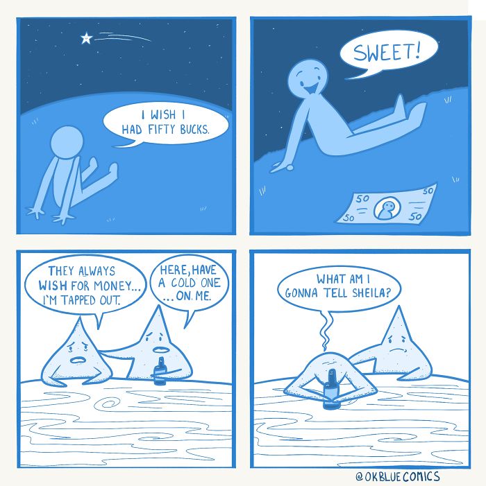 OkBlue comic strip in blue tones showing characters dealing with insomnia, boredom, and wishing for money.