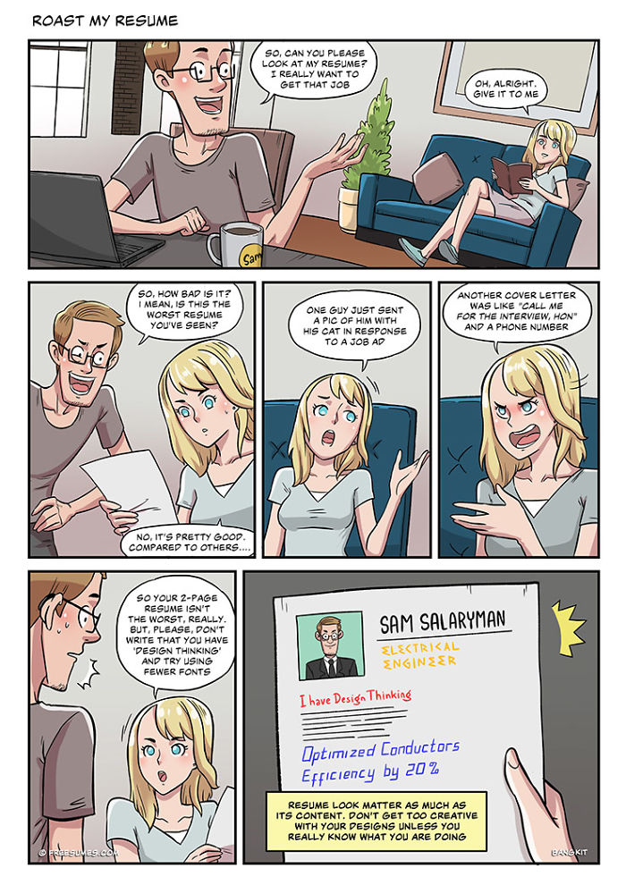 Comic showing a humorous resume review highlighting jobseeker challenges and resume tips for job applications.