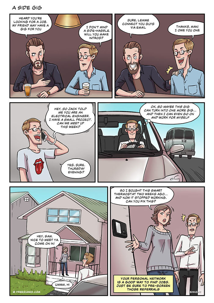 Comic strip showing the reality of a jobseeker navigating side gigs and job referrals through personal connections.