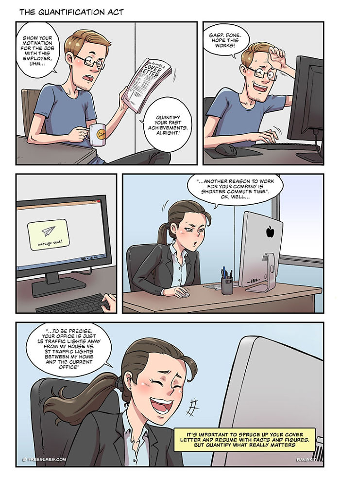 Jobseeker quantifies achievements in cover letter, showing motivation and humor while applying for a job online.