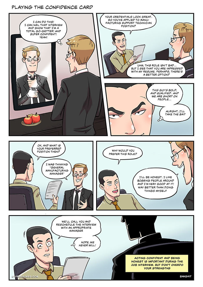 Illustration showing the reality of a jobseeker playing the confidence card during a challenging job interview.