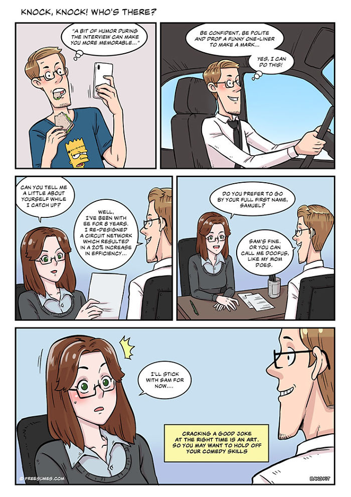 Comic strip illustrating the reality of a jobseeker during a job interview with humor and awkward moments.