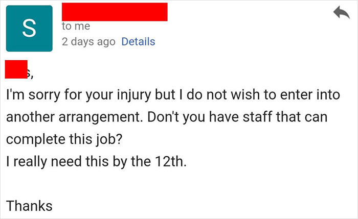 Contractor Informs Client That He Broke His Arm And Can't Build The Unit On Time, The Client Goes Livid Contractor Informs Client That He Broke His Arm And Can't Build The Unit On Time, The Client Goes Livid