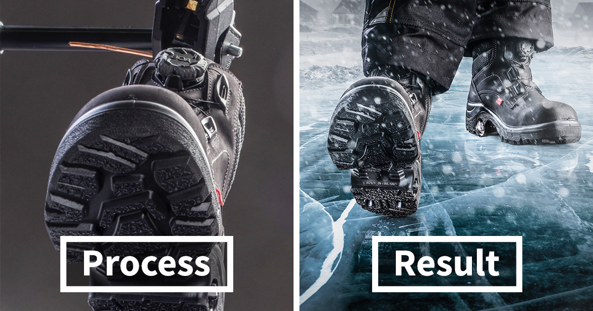 Side-by-side before and after retouching images showing surreal effects on a boot stepping on icy ground.
