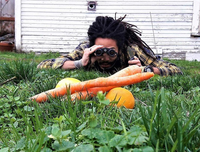 Man with binoculars and knife lying in grass, humorously acting as a vegan hunter near carrots and oranges.