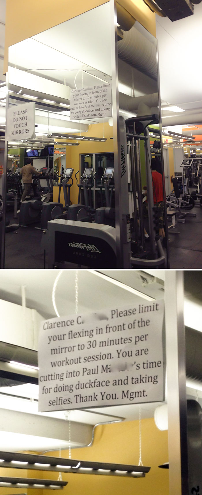 Funny messages on a mirror in a gym 