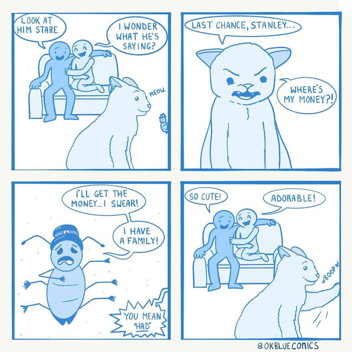 Blue OkBlue Comics panels featuring a cat, two characters, and a worried bug in a humorous, insomnia-inspired cartoon style.