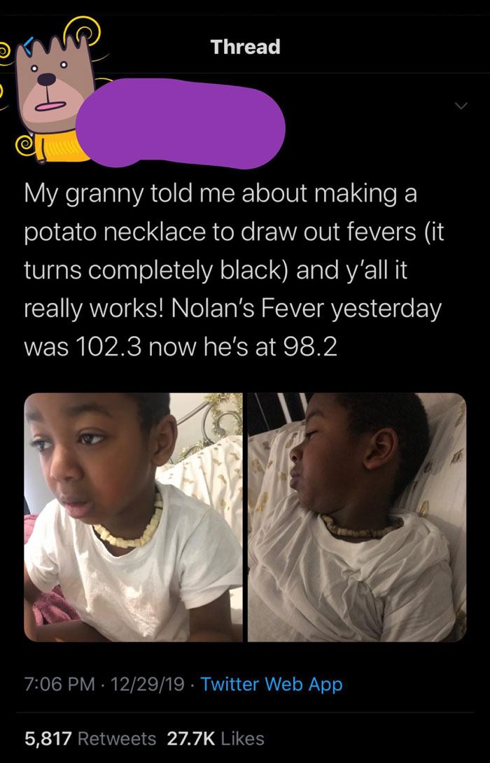 Woman Tweets Her &ldquo;Genius&rdquo; Potato Necklace Remedy For Her Son&rsquo;s 102.3&deg; Fever & People Online Are Facepalming