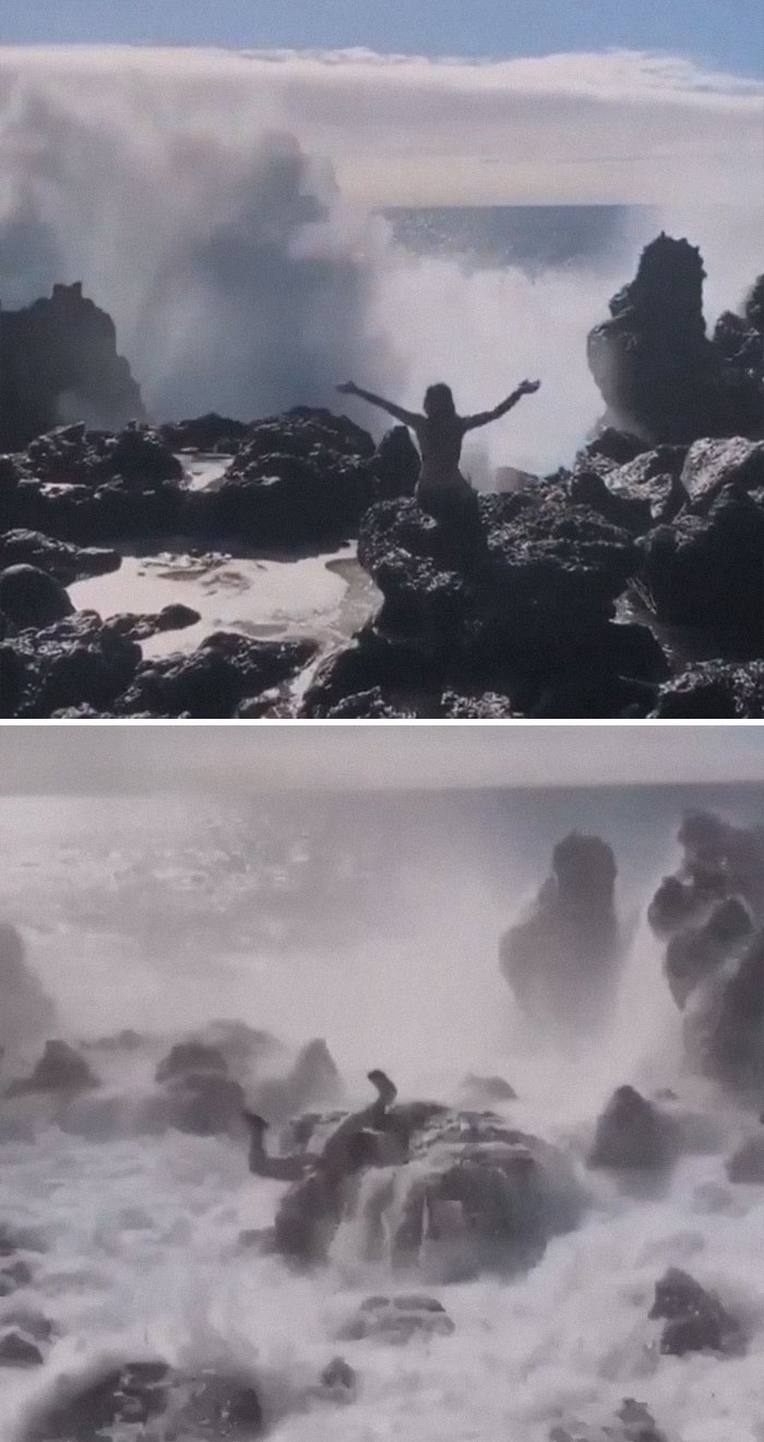 Woman knocked down by a wave 