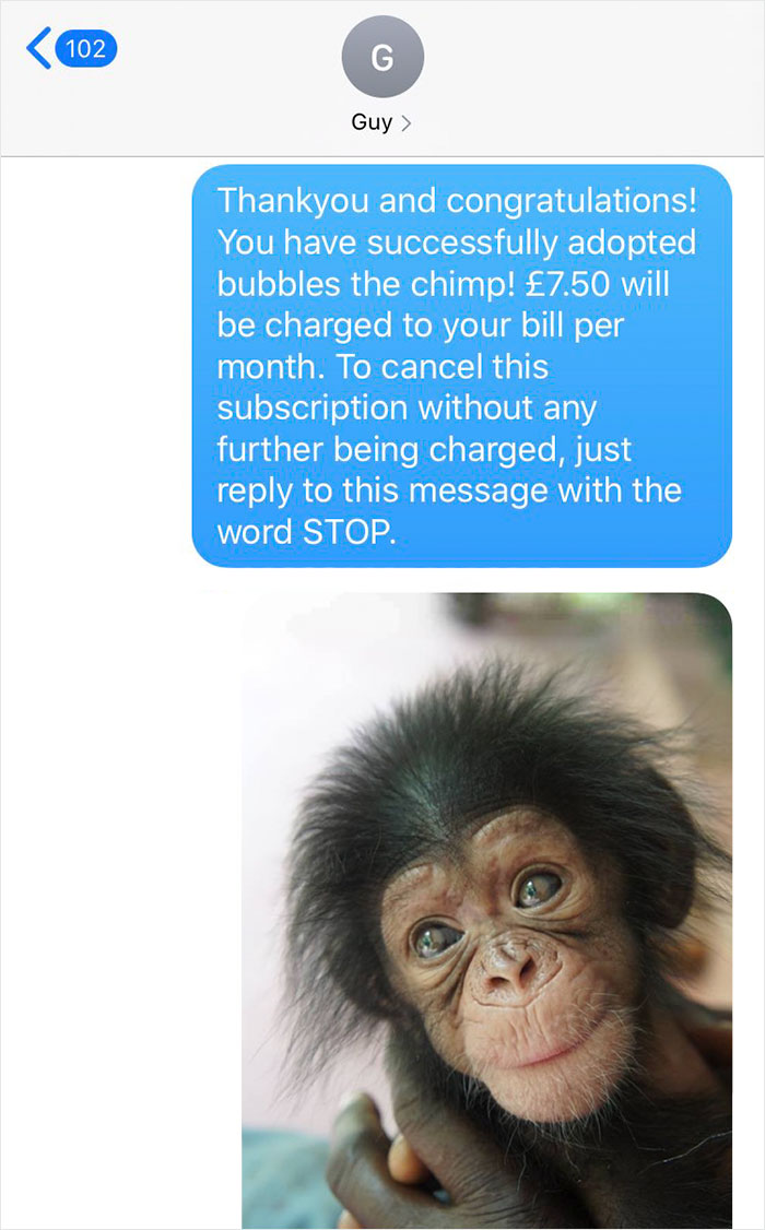 Girl Decides To Prank This Guy Who Gave Her His Number By Texting Him That He'd Just Adopted A Chimp Girl Decides To Prank This Guy Who Gave Her His Number By Texting Him That He'd Just Adopted A Chimp