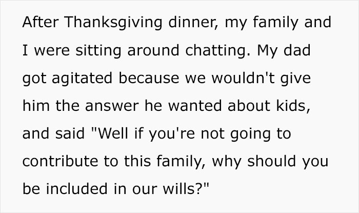 Parents Tell Their Daughter They're Removing Her From The Will Because She Has No Kids, So She Ruins Their Holidays Parents Tell Their Daughter They're Removing Her From The Will Because She Has No Kids, So She Ruins Their Holidays