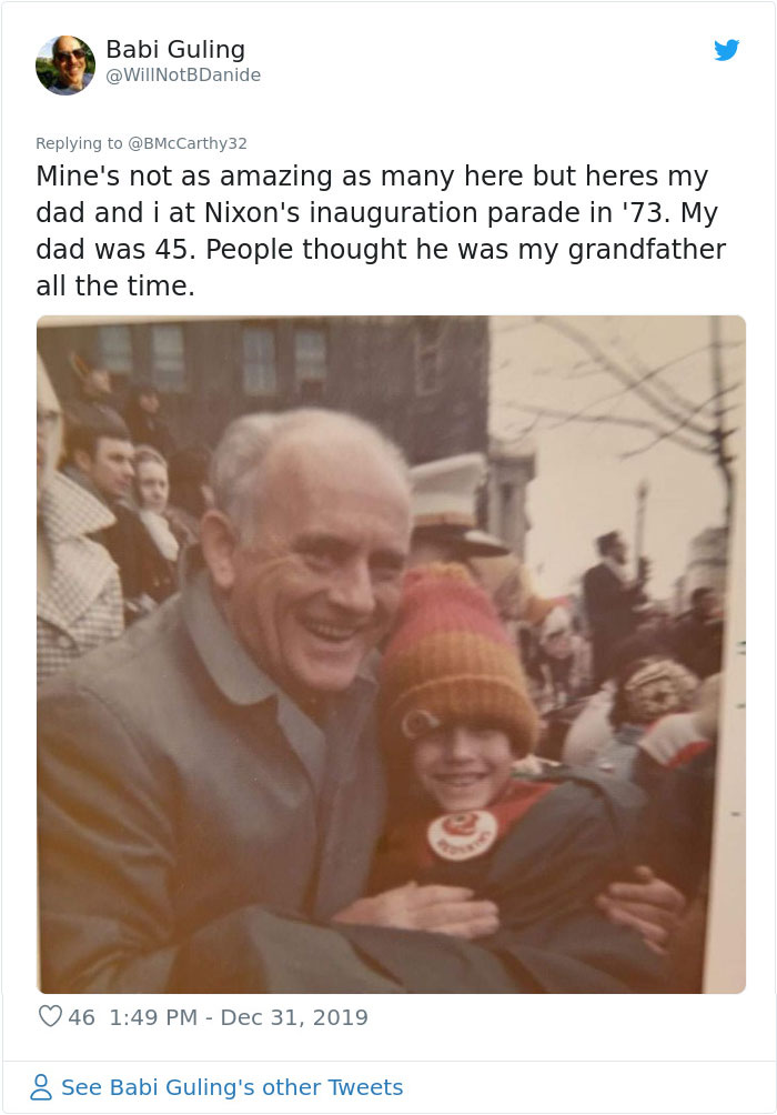 Older man and child at Nixon's 1973 inauguration parade, illustrating how humans aged faster in the past in an old photo.