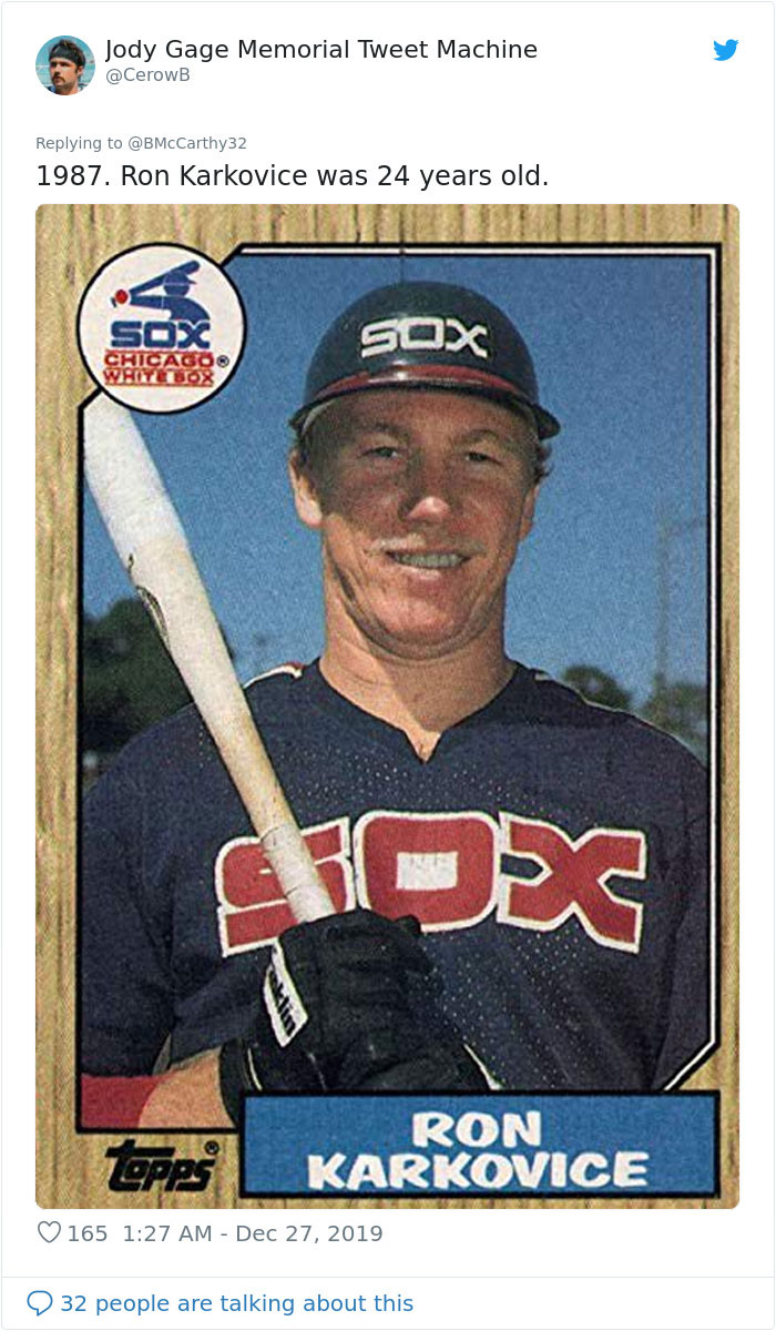 Vintage baseball card of Ron Karkovice holding bat, illustrating humans aged faster in the past concept.