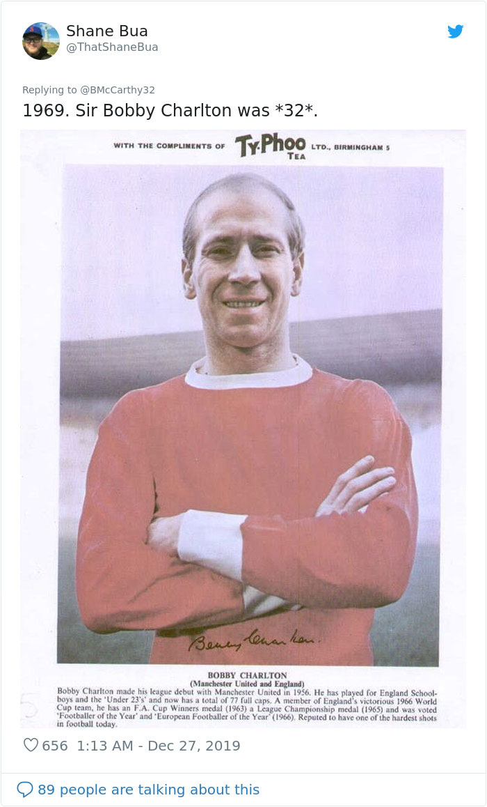 Vintage photo of Sir Bobby Charlton in 1969 showing how humans aged faster in the past with visible signs of aging.
