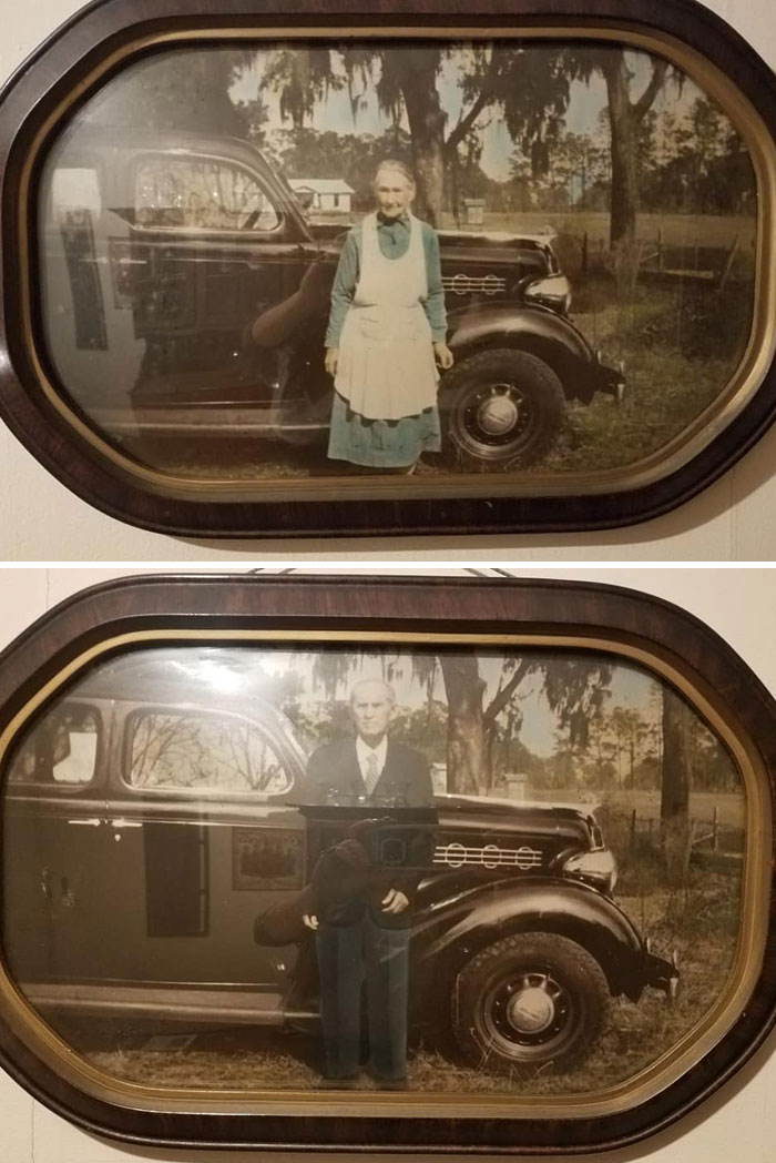 I Do Not Know Who's Memaw And Pap This Is. I Bought Them At A Yard Sale. They Both Seemed So Proud Of Their New Car. They Are Currently Hanging In My Hallway