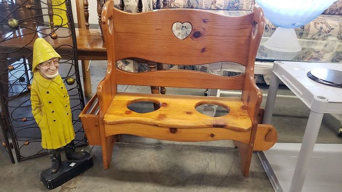 I'm Walking Around Faith In Action In Belfair Wa When I See This Double Baby Potty Seat Bench, Including It's Own Magazine Rack On The Side