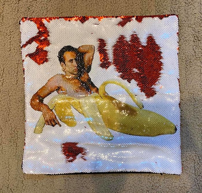 An A-Peel-Ing Sequin Nicholas Cage Pillow Cover I Found At A Thrift Store Yesterday