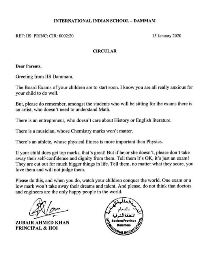 Principal Sends Letter To Students' Parents Before Exams To Remind Them That There's More To Life Than Grades