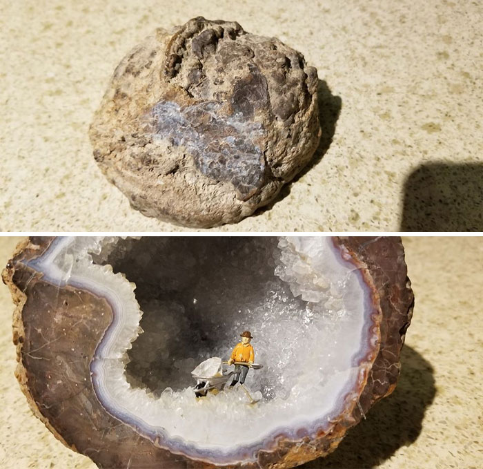 Talk About Mini. Picked Up This Geod At A Yard Sale. It Has A Miniature Wheel Barrel, A Man And A Shovel