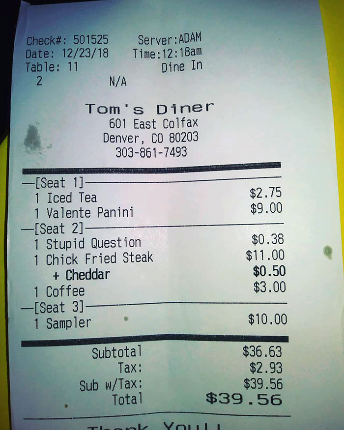 This Diner Has 'Stupid Question' On Their Menu And Charges 38 Cents For It