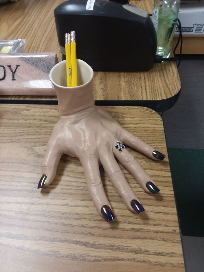 Picked Up A Helping Hand For My Students At A Yardsale In The North Georgia Mountains For $1.00. My Students Said It Was Creepy, So I 'Her' Some Nails And A Ring. Makes Me Think Of Thing On Addams Family
