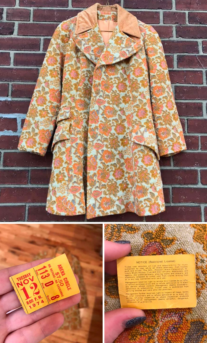 I Found This *stunning* 1970s Tapestry Coat At A St. Louis, Mo Goodwill The Other Day. When I Got Home, I Checked The Pockets And Found A St. Louis Blues Hockey Ticket From 1974!! 45 Years Later, The Year The Blues Won Their First Stanley Cup, This Lil Ticket Finally Saw The Light Of Day Again!