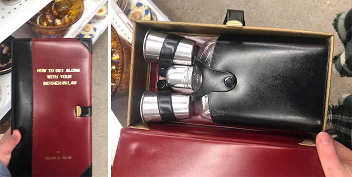 Found This Fake Book Titled “How To Get Along With Your Mother In Law, But It’s Actually A Flask With Two Shot Glasses. I Found It At The Vv In Kamloops Bc