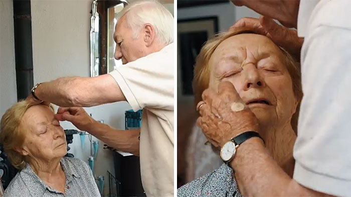 Elderly Husband Releases A Tutorial After Learning To Do Wife's, Who Is Going Blind, Makeup