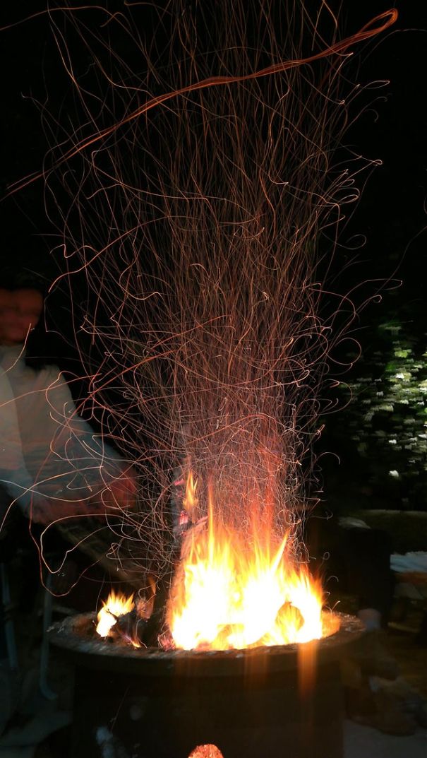 "The way the embers fly shown by this long exposure"
