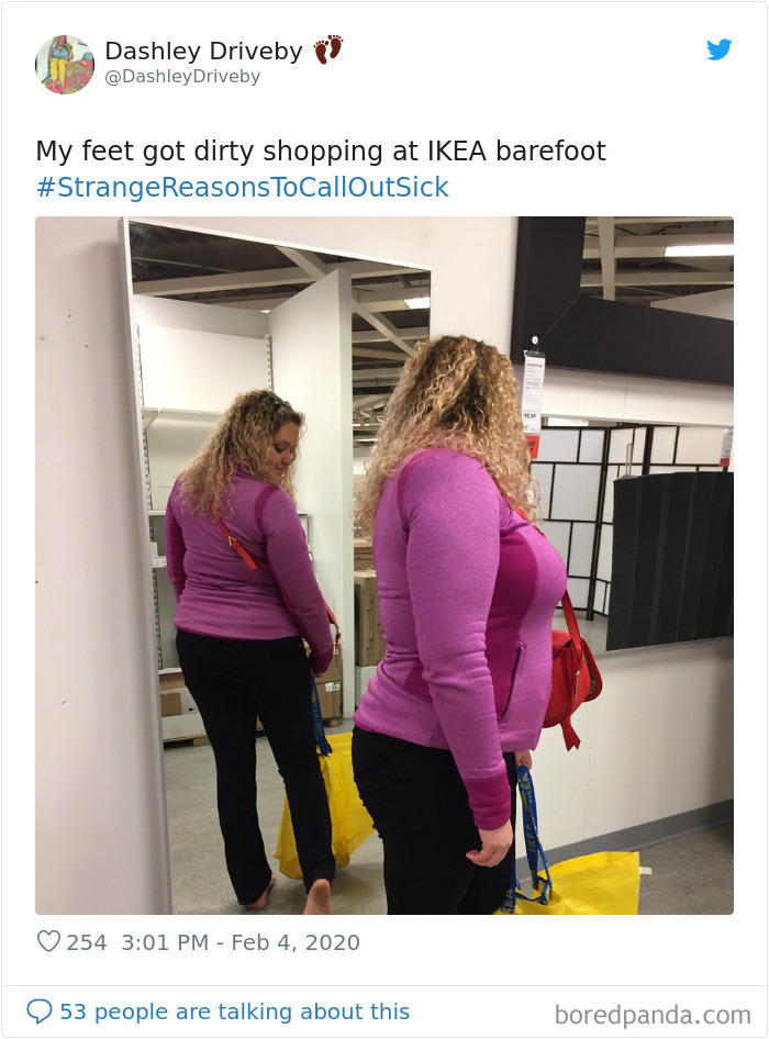 Woman in a purple sweater shopping barefoot at IKEA, illustrating strange reasons people would call in sick.