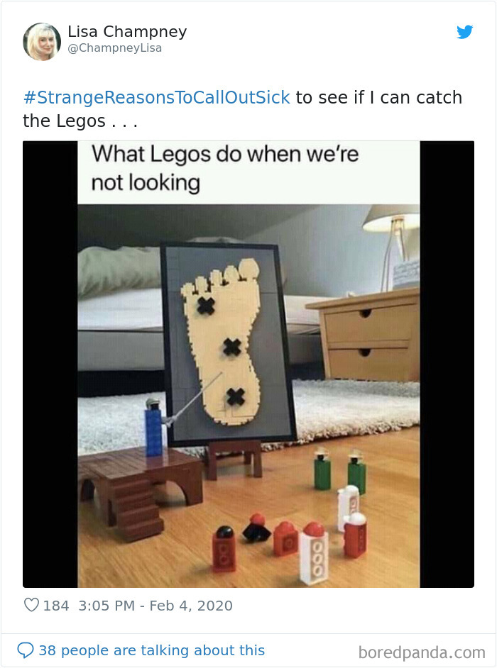 Miniature Lego figures pointing to a Lego foot map, illustrating a funny strange reason to call in sick.