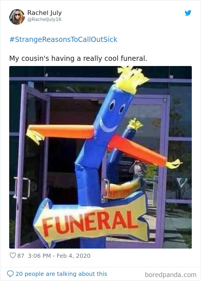 Inflatable tube man holding a sign that says funeral, illustrating a strange reason to call in sick.