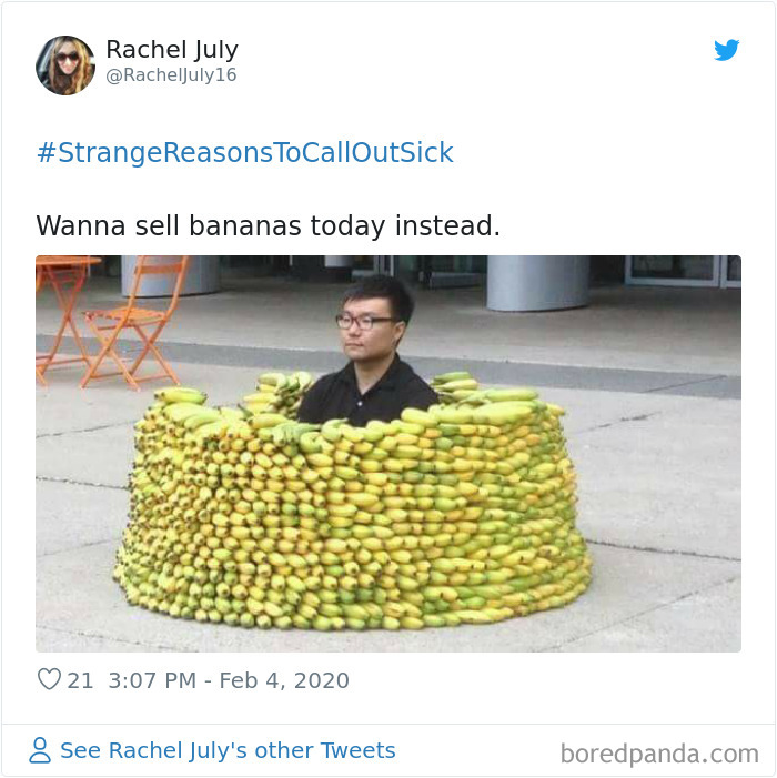 Man sitting inside a large circular wall made of bananas, illustrating strange reasons to call in sick at work.