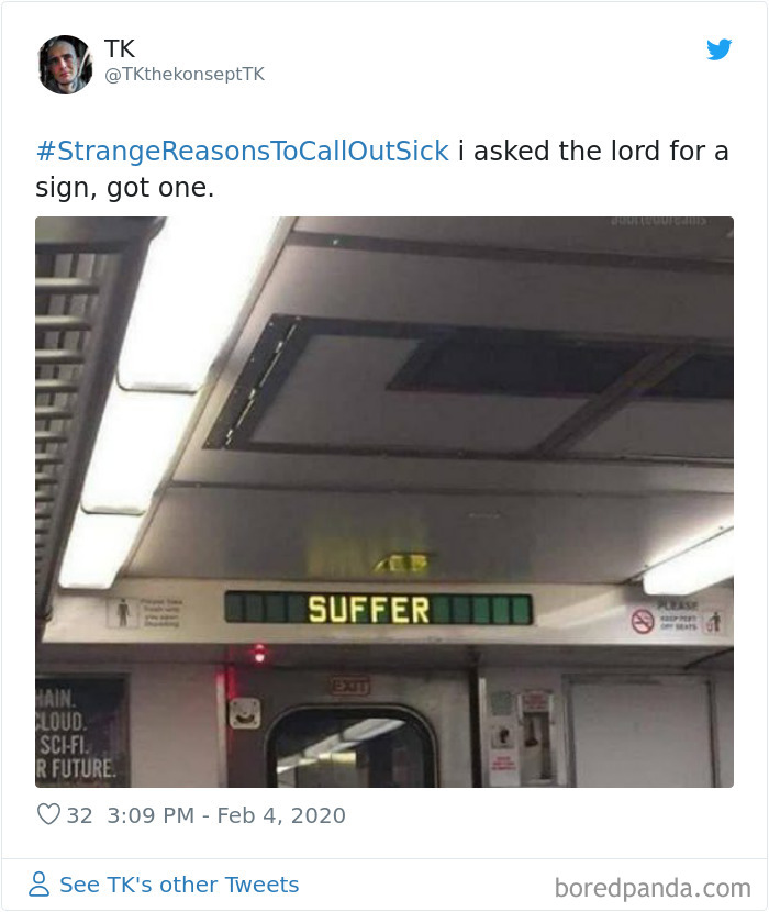 Social media post showing a subway sign reading SUFFER, shared as a strange reason to call in sick.
