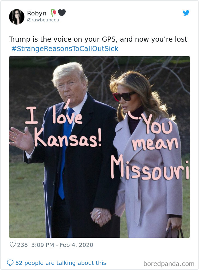 Couple holding hands with humorous text about calling in sick for strange and hilarious reasons, including mistaken states.