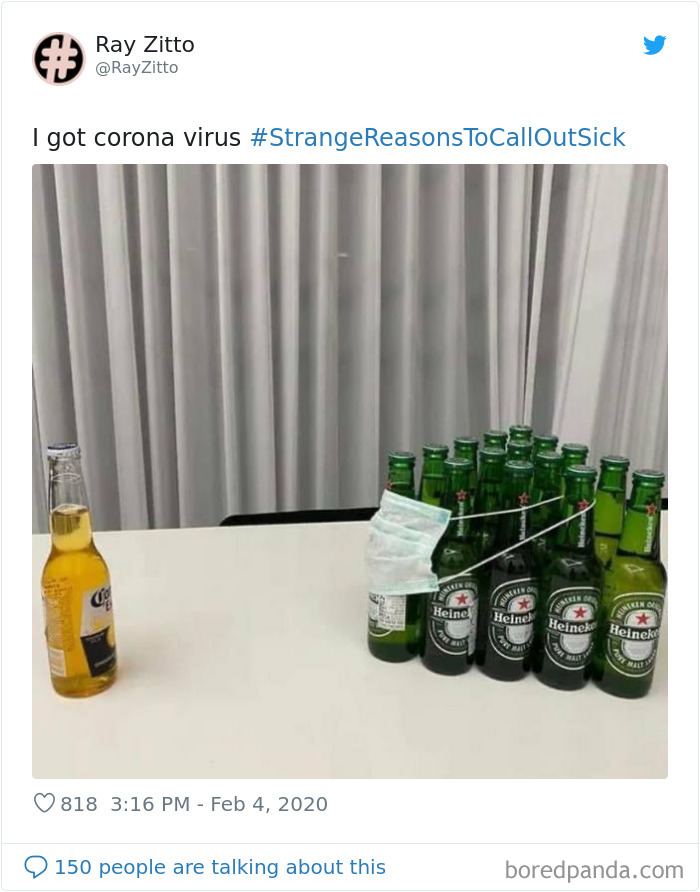 Humorous image showing beer bottles with a mask, illustrating strange reasons people would call in sick.