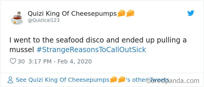 Tweet sharing a strange reason to call in sick, featuring a humorous seafood disco excuse with hashtag for sick day reasons.