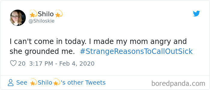 Tweet screenshot showing a user sharing a strange reason to call in sick about being grounded by their mom.