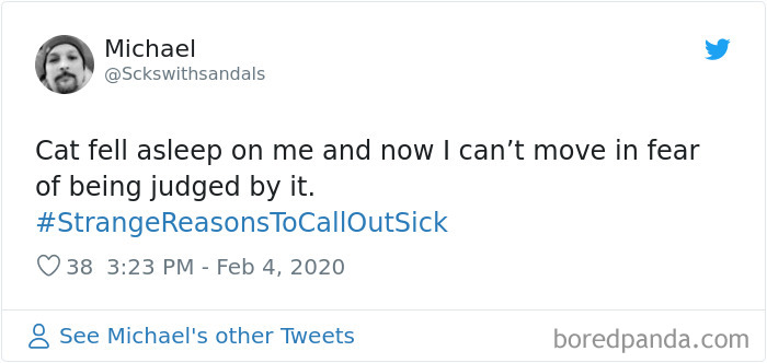 Tweet showing a funny and strange reason to call in sick, featuring a cat falling asleep on the person.