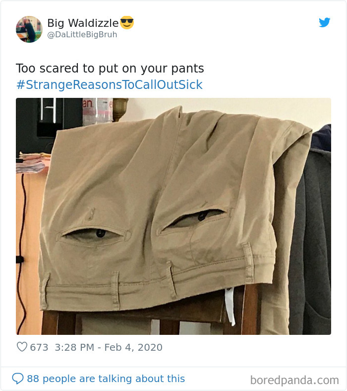 Khaki pants draped over a chair with pockets appearing like eyes, illustrating a strange reason to call in sick.