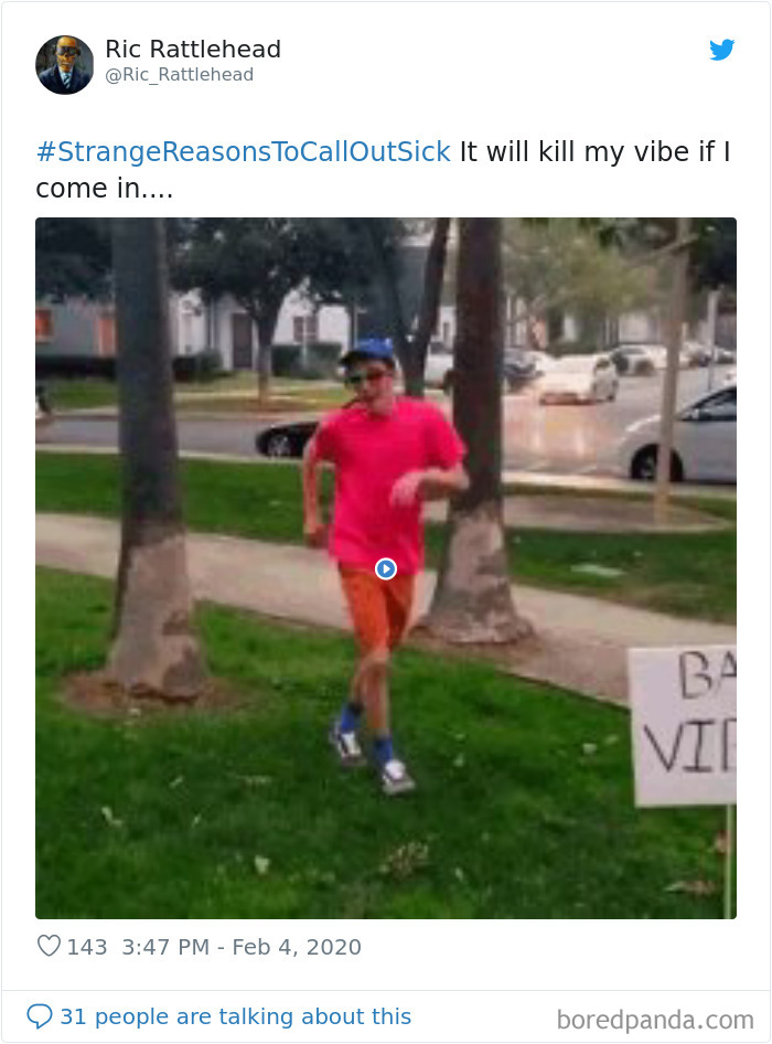 Man in colorful outfit running outside near trees with a sign, illustrating strange reasons to call in sick stories.
