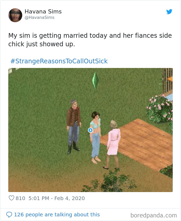 Sims video showing a strange and hilarious reason to call in sick with unusual relationship drama outdoors.