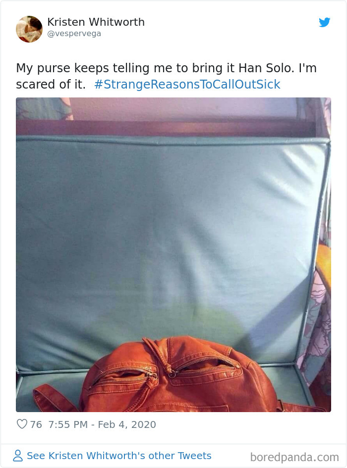 Woman shares hilarious and strange reasons to call in sick with a purse that looks like a face on a chair cushion.