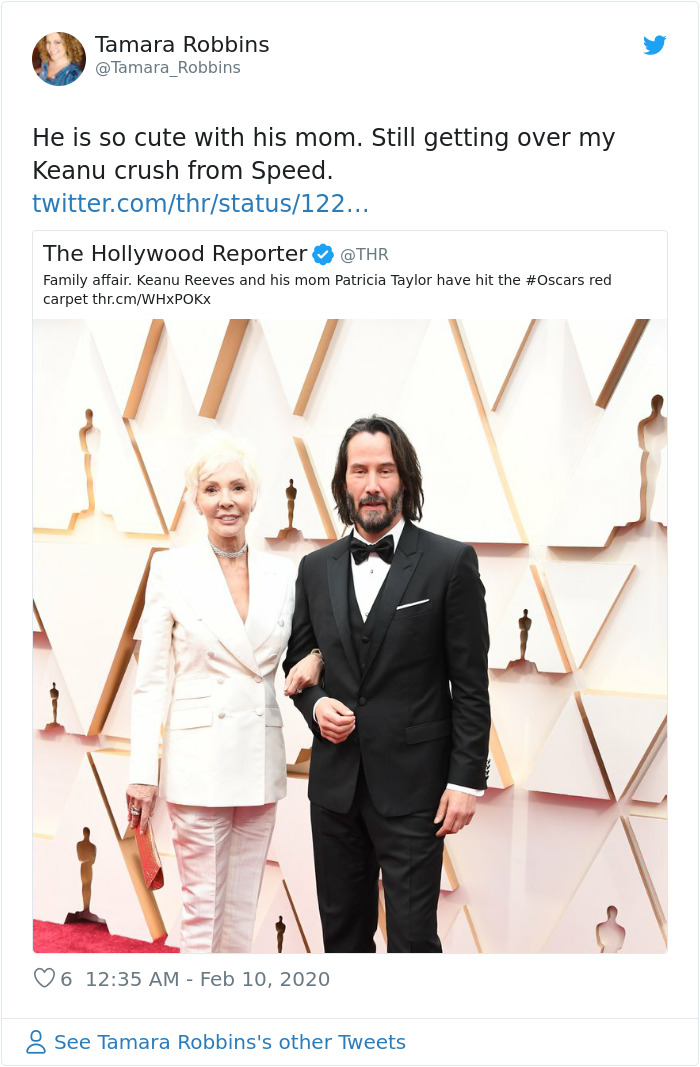 Keanu Reeves Steals The Red Carpet Show At The Oscars By Bringing His Mother As His Date