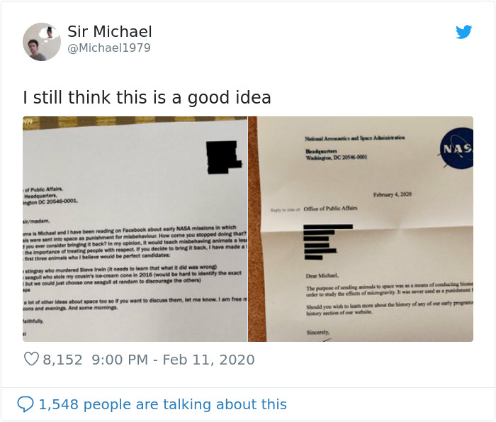 Guy Writes A Humorous Letter To NASA Where He Suggests Sending Misbehaving Animals To Space, NASA Responds Guy Writes A Humorous Letter To NASA Where He Suggests Sending Misbehaving Animals To Space, NASA Responds