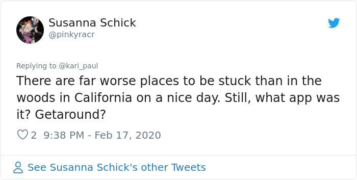 Woman Gets Stuck In Rural California After Losing Cell Service While Driving An App-Powered Rental Car And The Company Tells Her To Sleep In The Car