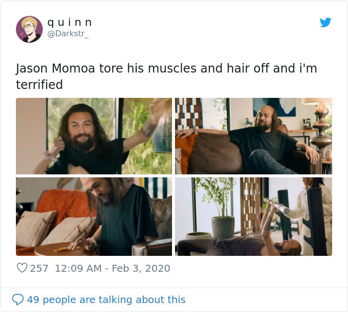 Balding Jason Momoa Takes Off His Muscles In A Freaky Super Bowl Ad Balding Jason Momoa Takes Off His Muscles In A Freaky Super Bowl Ad