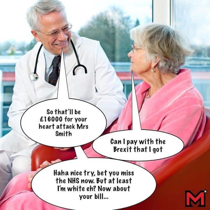 Doctor and elderly woman exchanging witty remarks about Brexit and NHS costs with speech bubbles in a humorous meme.